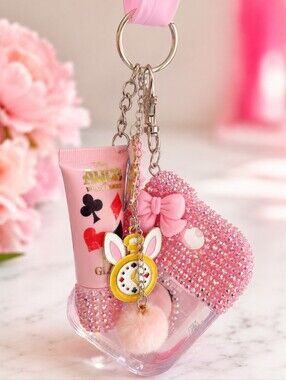 Cute Alice Abs Wonderland Pink Keychain Charm Set with Lip Gloss & Mirror